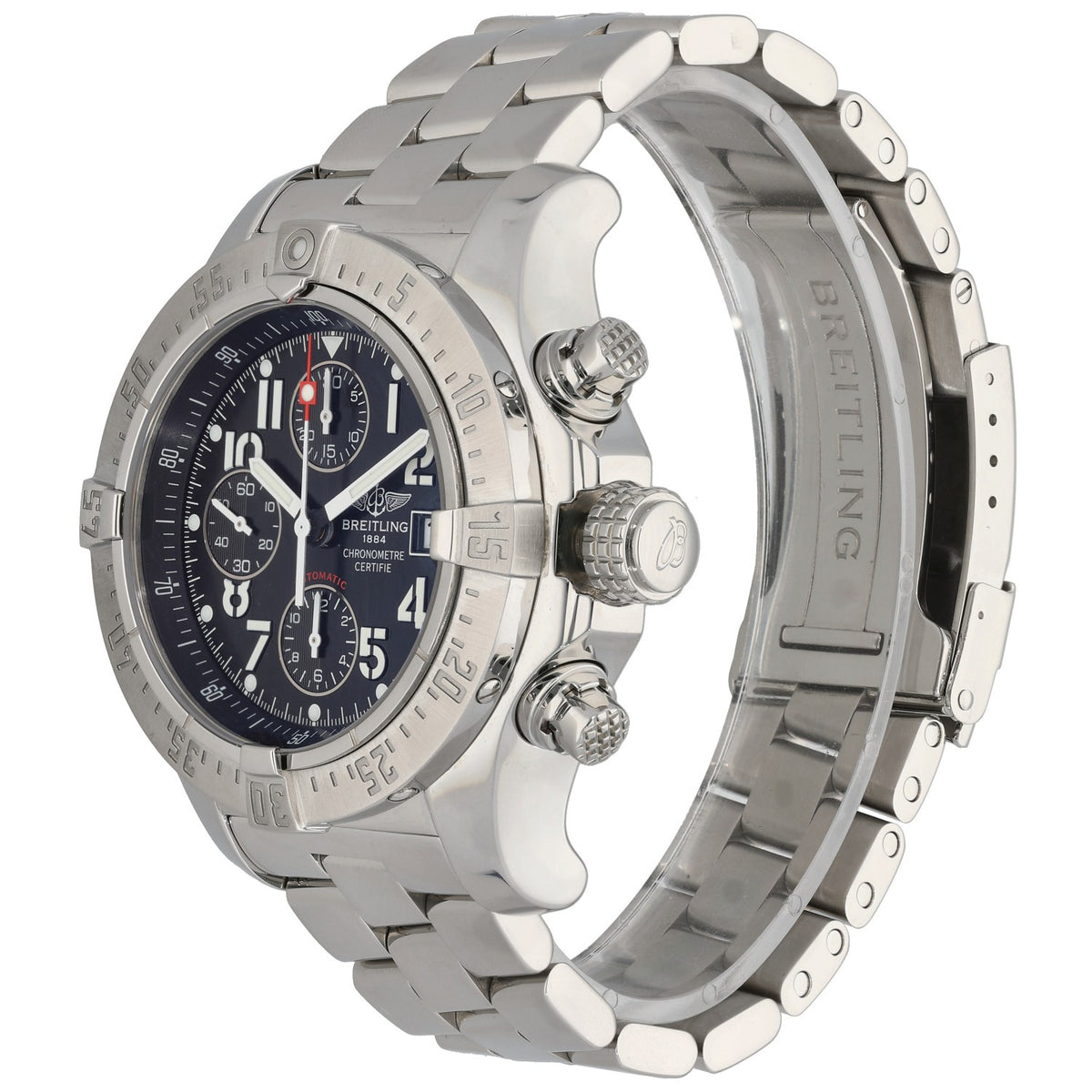 Breitling Avenger stainless steel watch with blue dial, crown and pushers, side view
