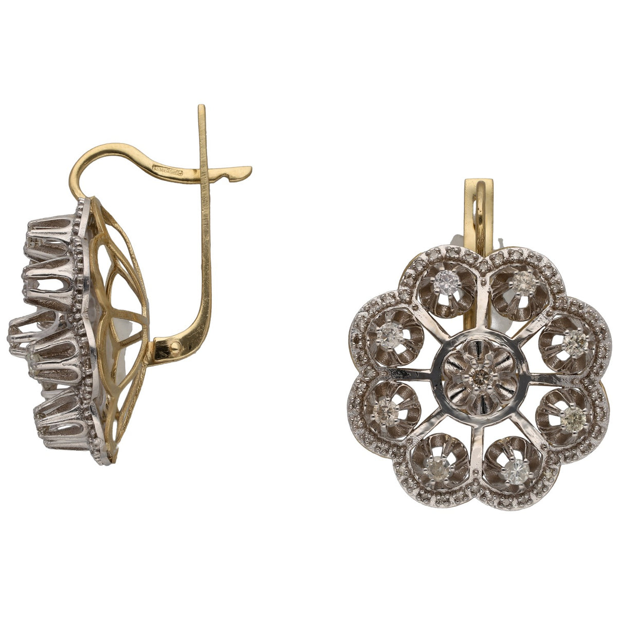Bicolour gold diamond cluster drop earrings with round cut stones, scalloped halo design