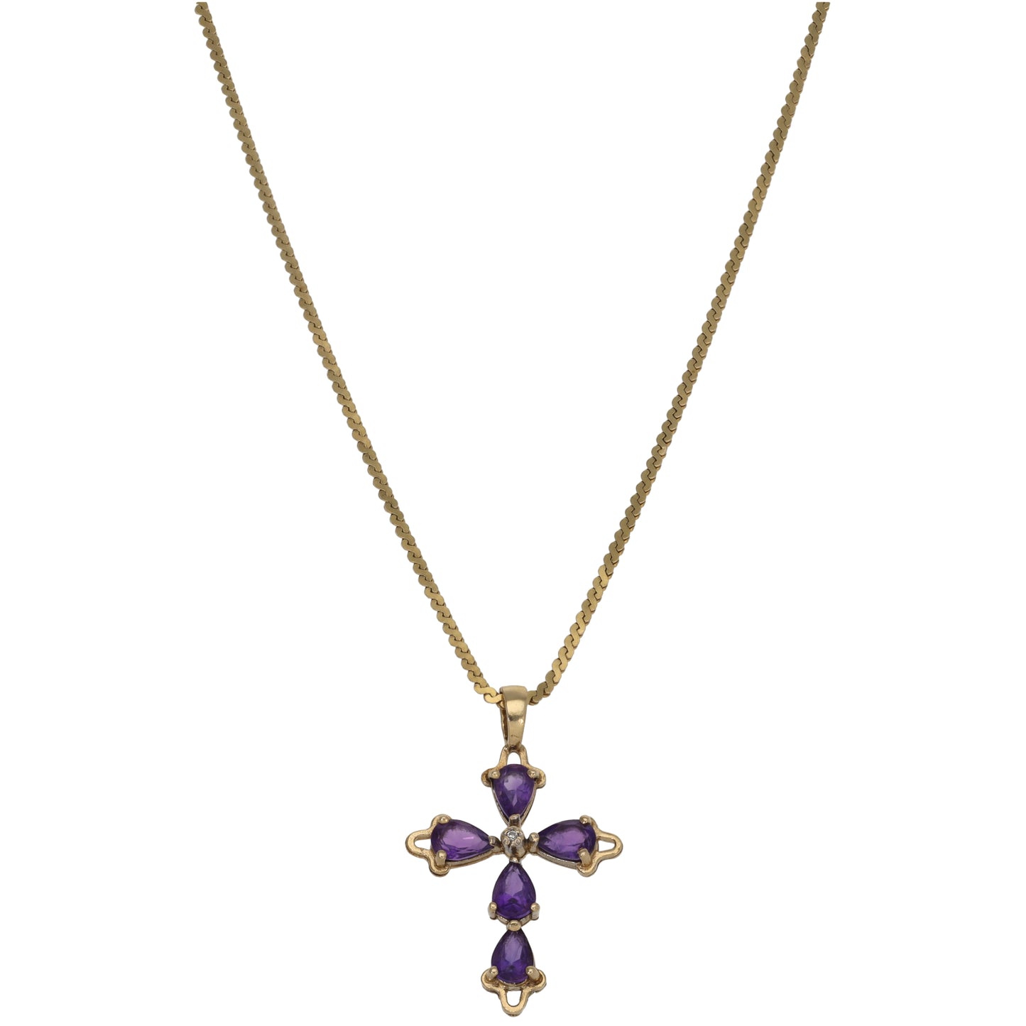 9ct Gold Amethyst & 0.01ct Diamond Cross Pendant With Chain