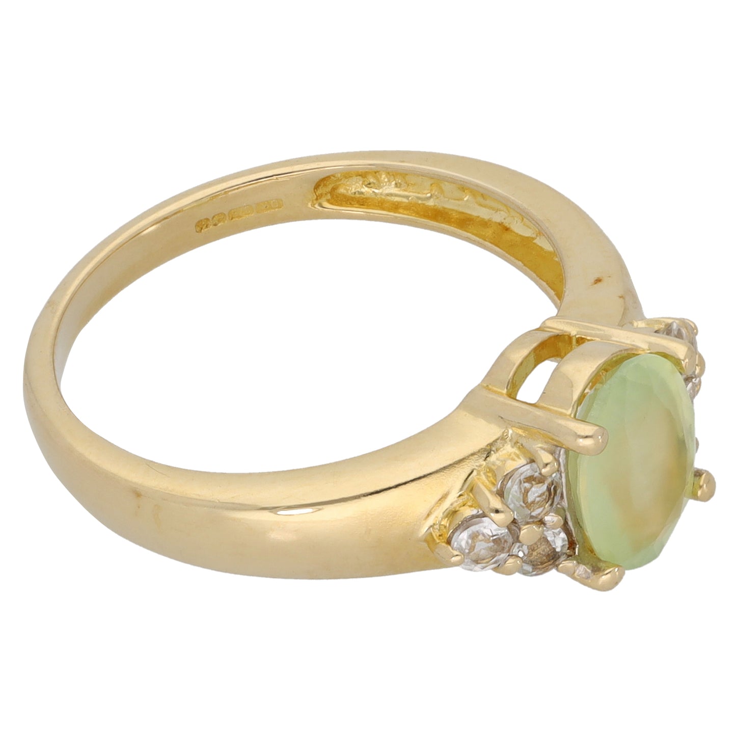 9ct Gold Prehnite & Imitation Single Stone Ring with Accent Stones Size N
