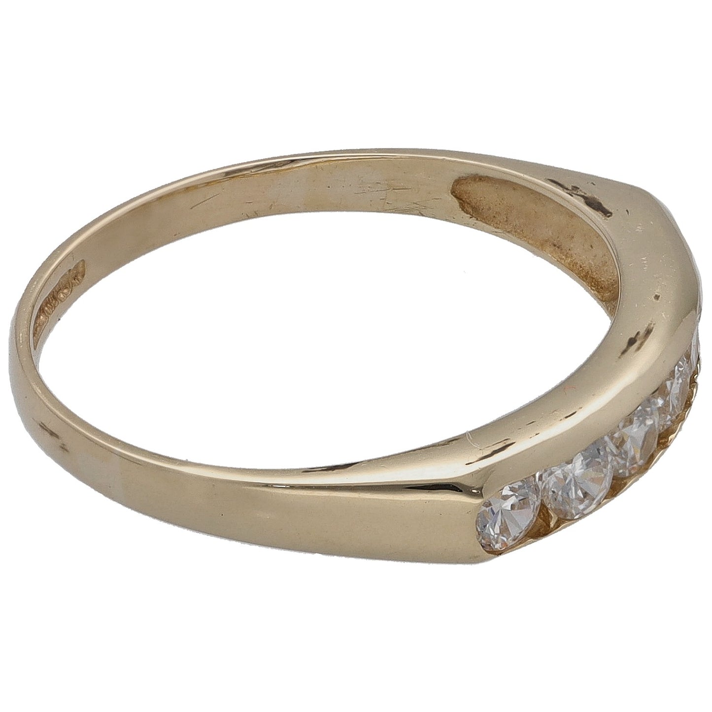 9ct gold half eternity CZ ring, size O, side view of CZ stones on the band
