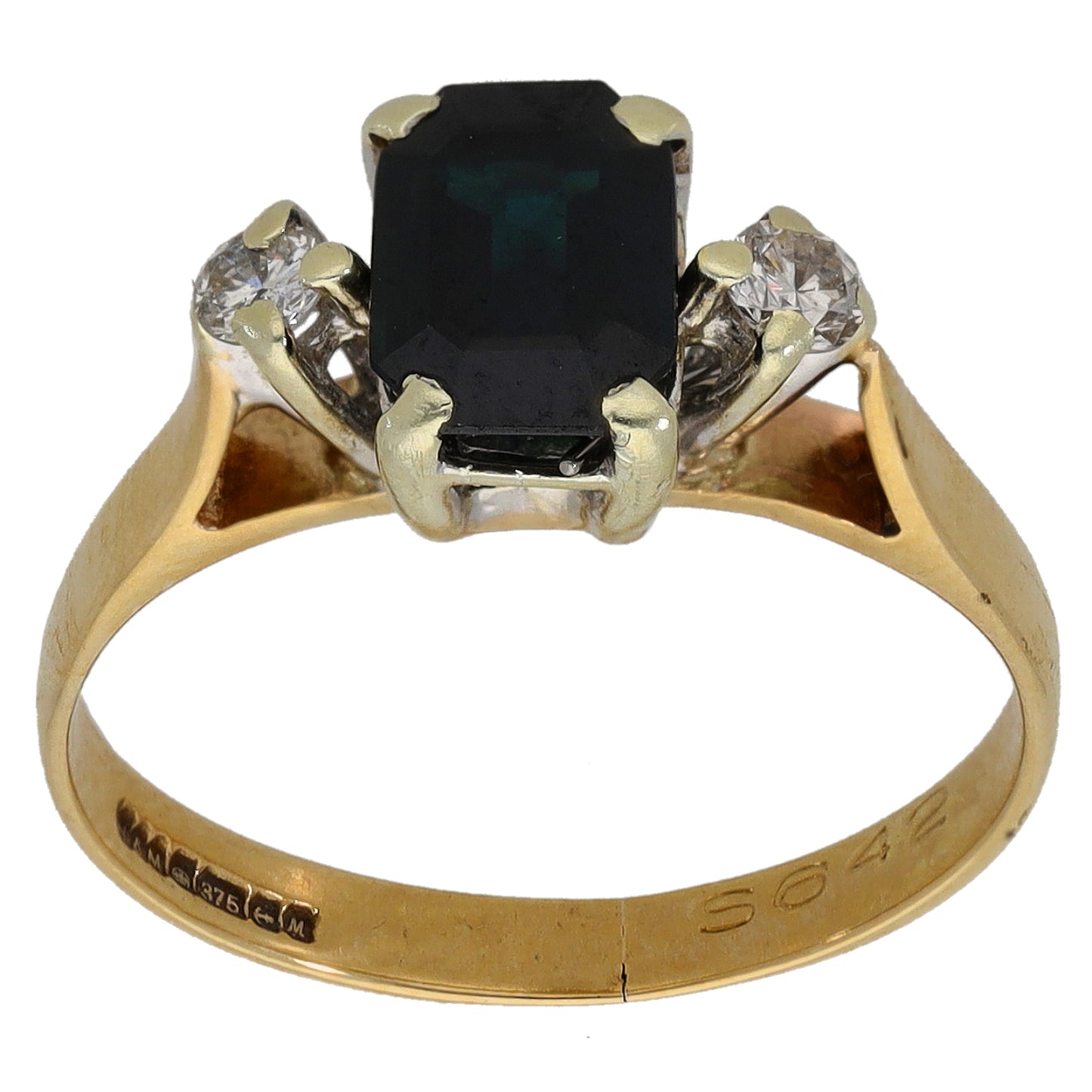 9ct Gold Sapphire & 0.10ct Diamond Three Stone Ring Size K