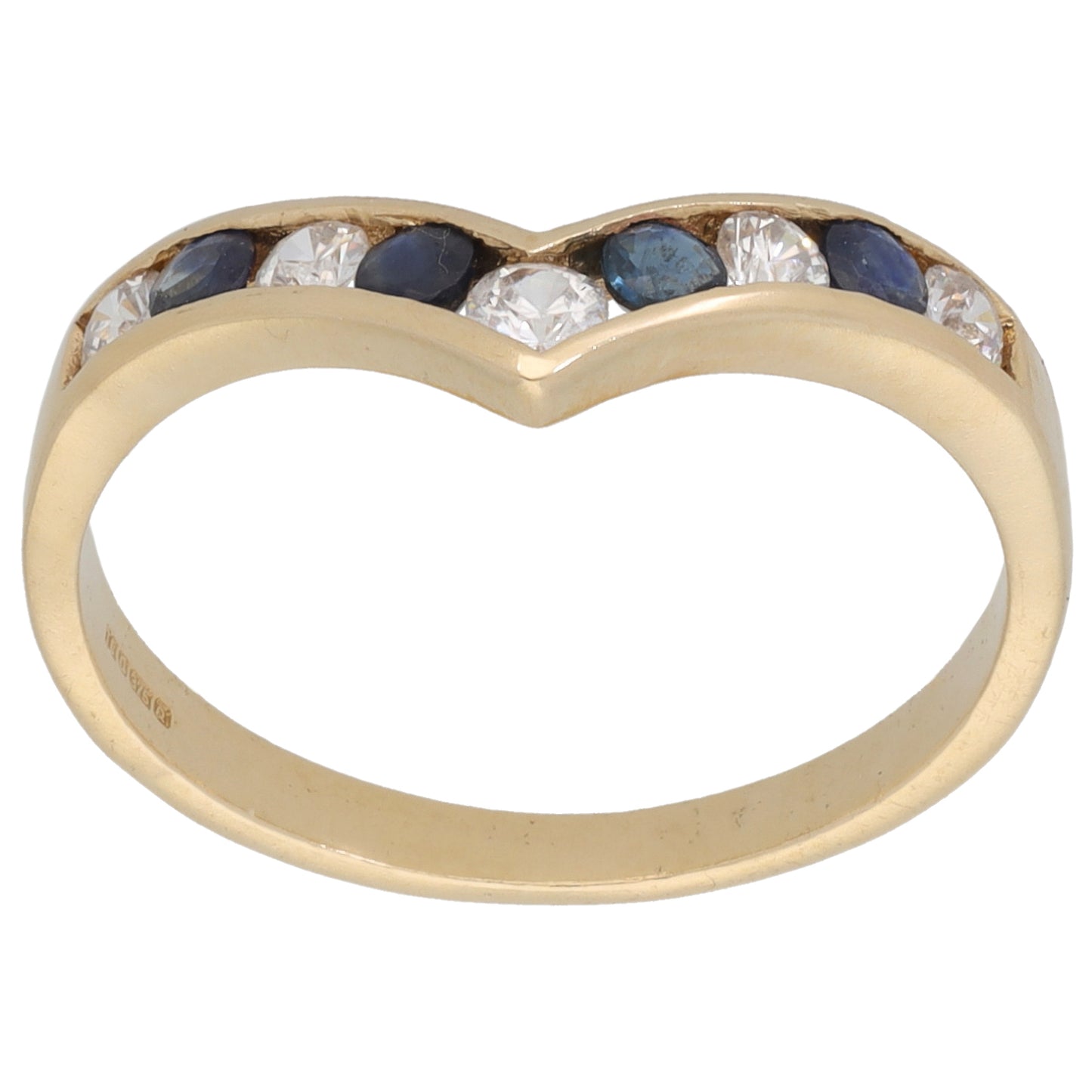 9ct Gold Sapphire & Cubic Zirconia Wishbone Ring Size P