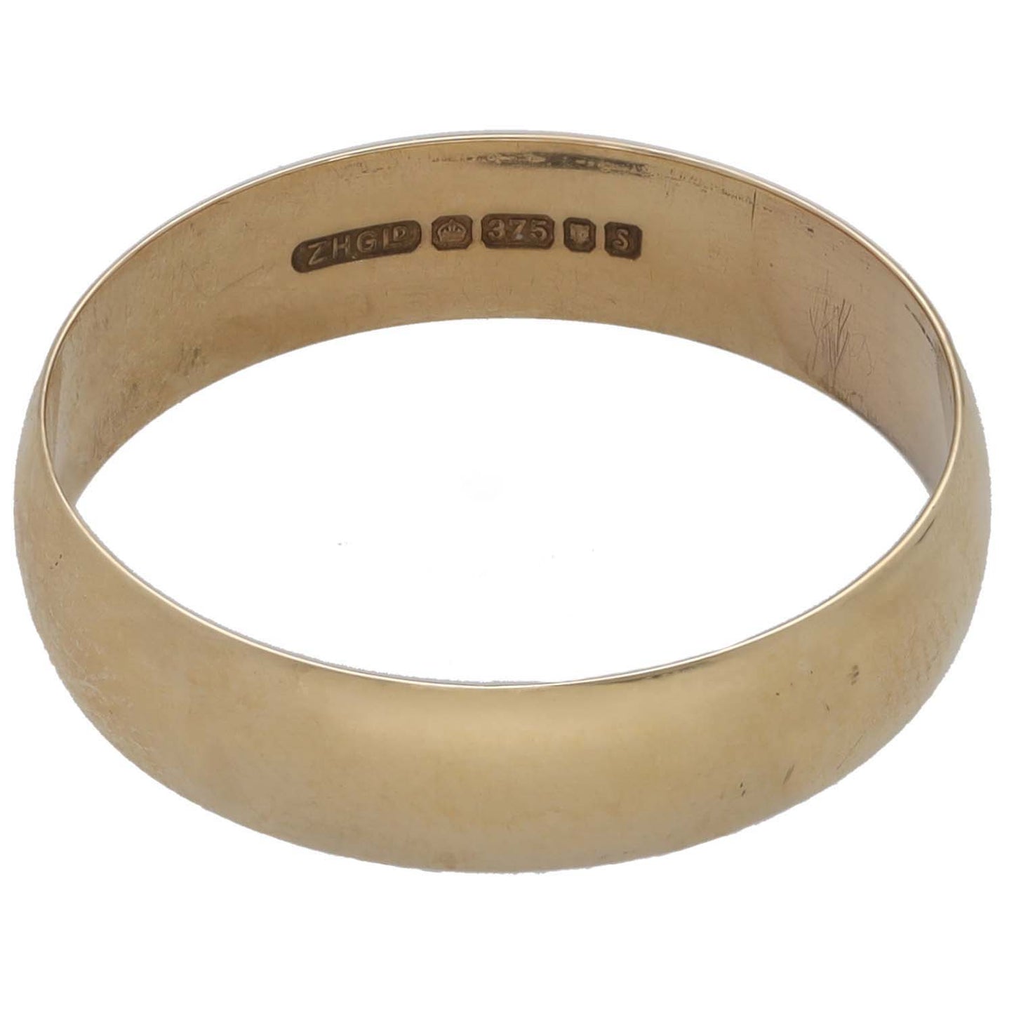 9ct gold wedding ring with engraved hallmarks inside band, size S