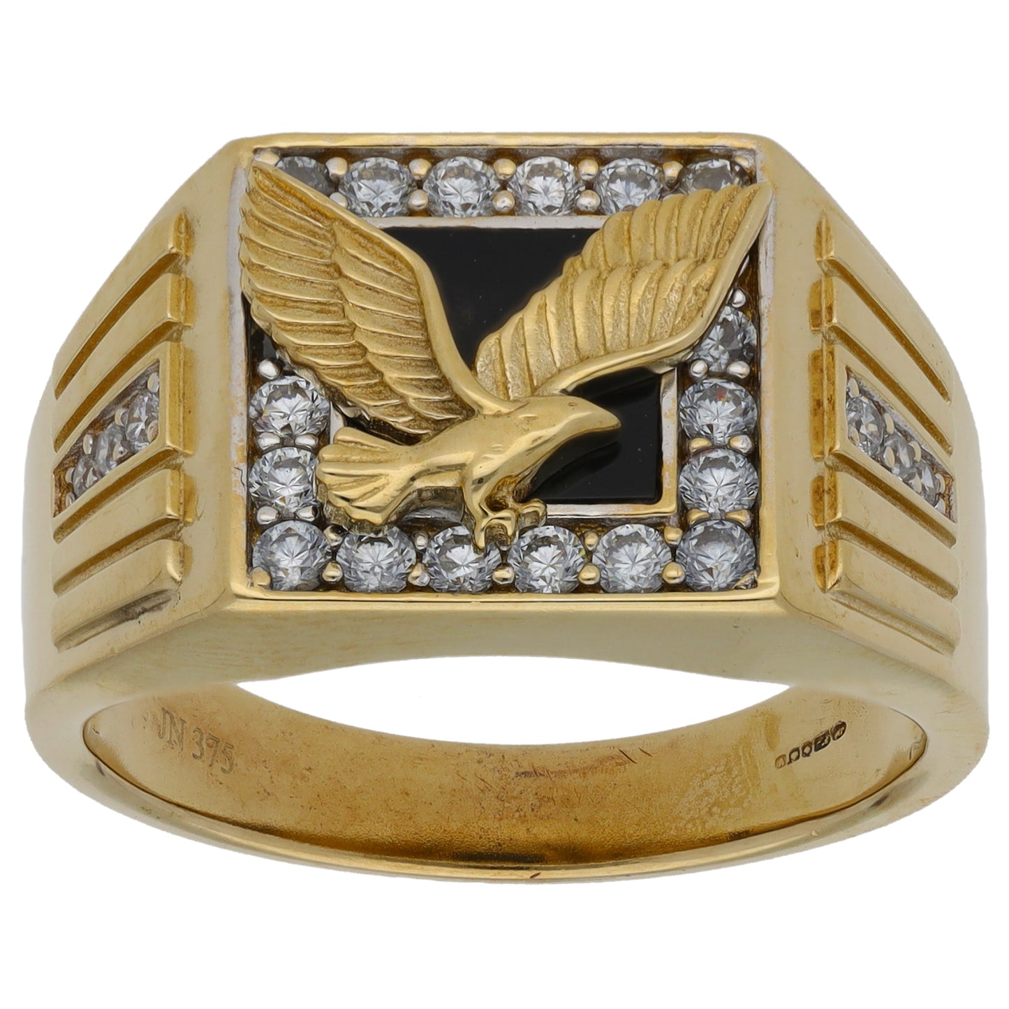 9ct Gold Onyx & Cubic Zirconia Patterned Signet Ring Size Y