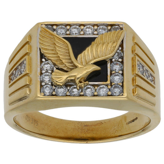 9ct Gold Onyx & Cubic Zirconia Patterned Signet Ring Size Y