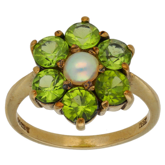 9ct Gold Peridot & Cultured Pearl Dress/Cocktail Ring Size N