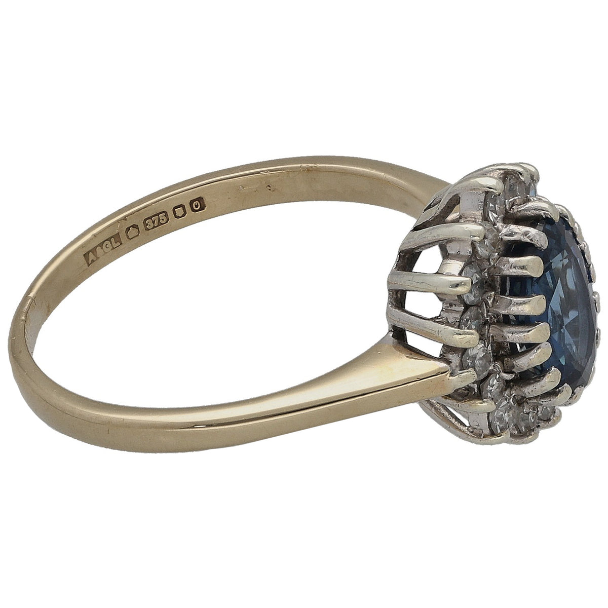 9ct gold ring showing oval sapphire setting side with diamond accents