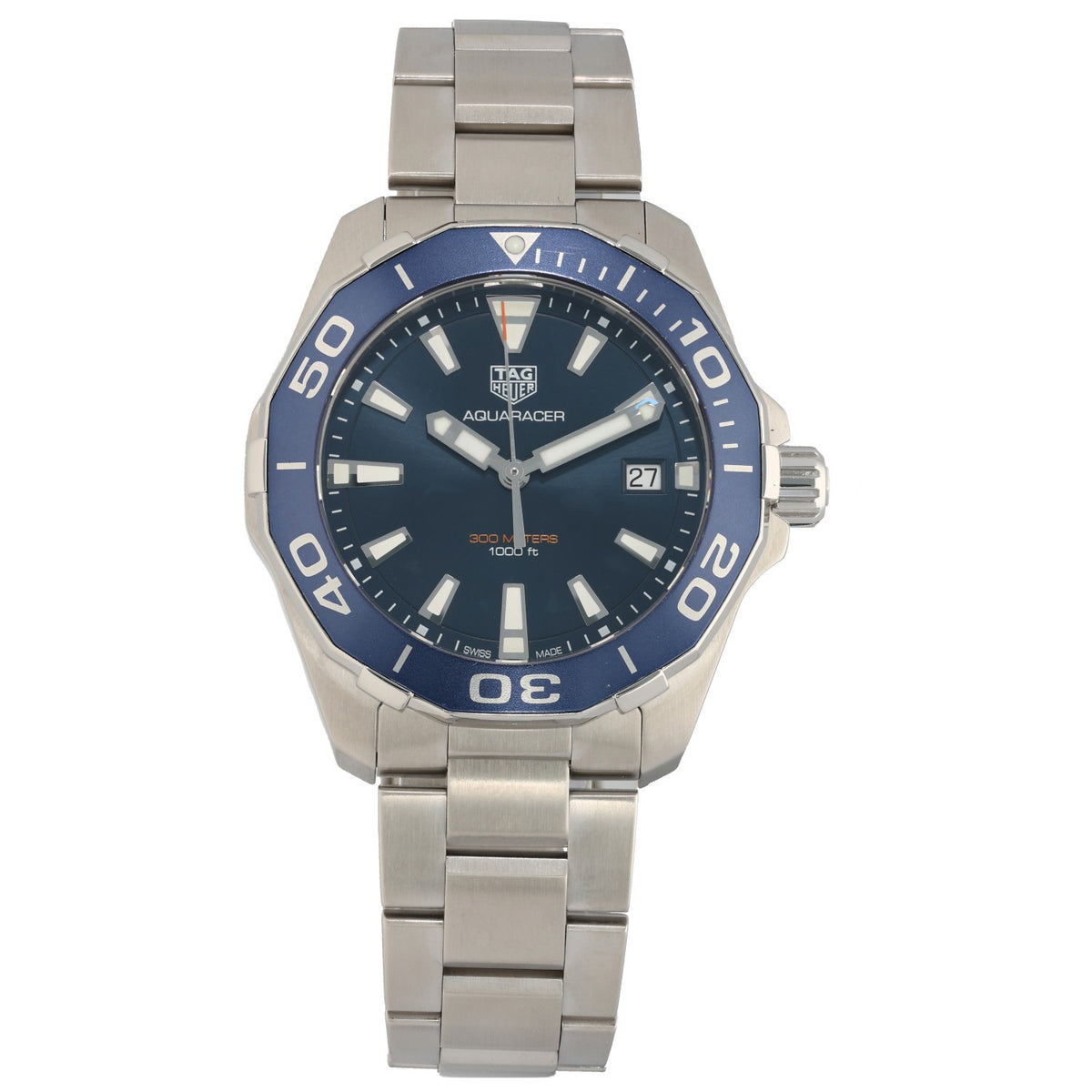 Tag Heuer Aquaracer WAY111C, blue dial and blue bezel, on 41mm stainless steel case and bracelet