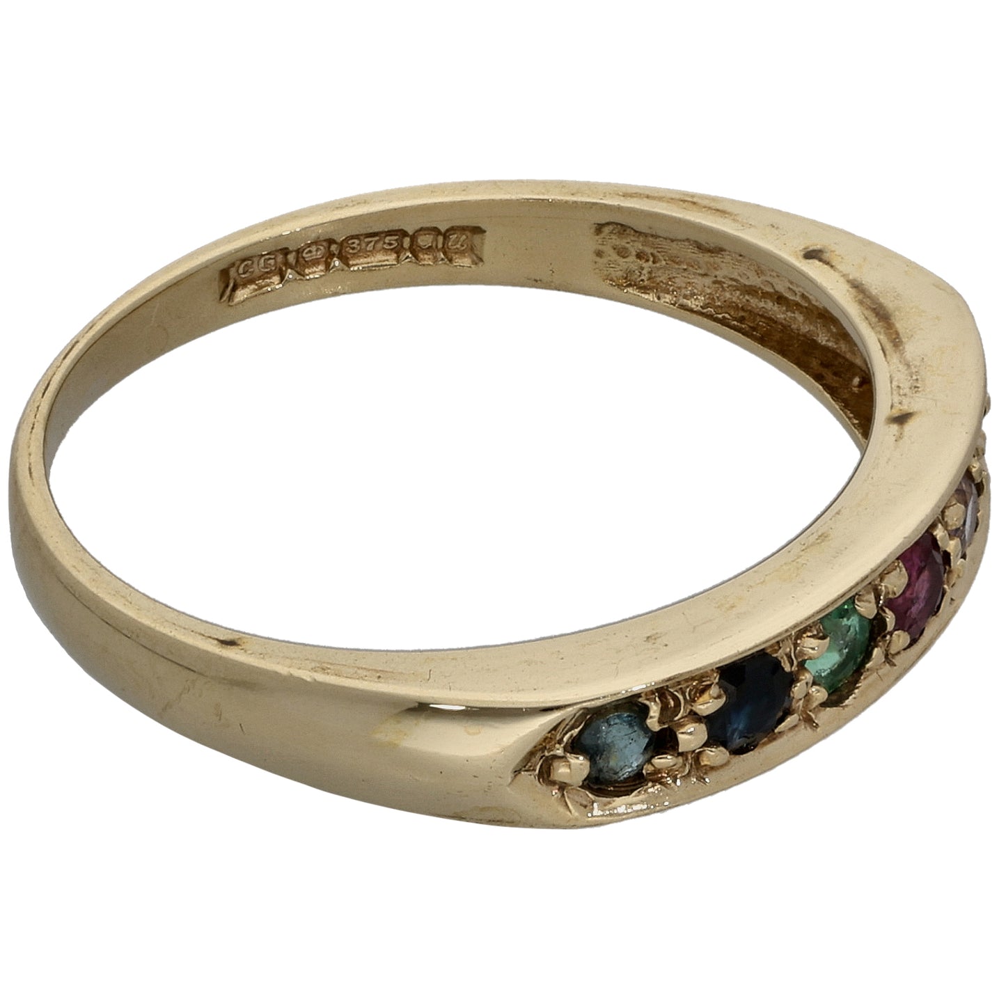 9ct Gold 0.01ct Diamond, Emerald, Amethyst, Ruby, Sapphire & Tourmaline Half Eternity Ring Size L