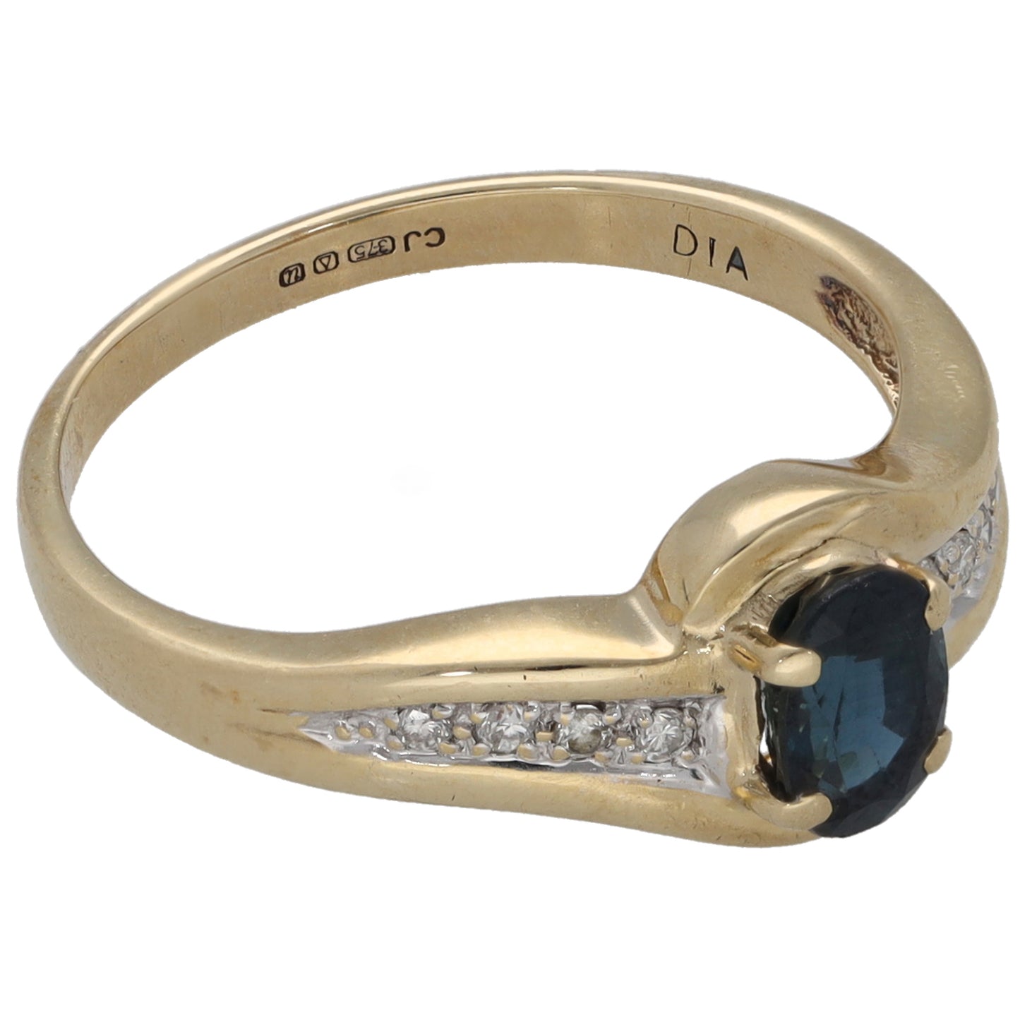 9ct Gold Sapphire & 0.04ct Diamond Single Stone Ring With Accents Size M