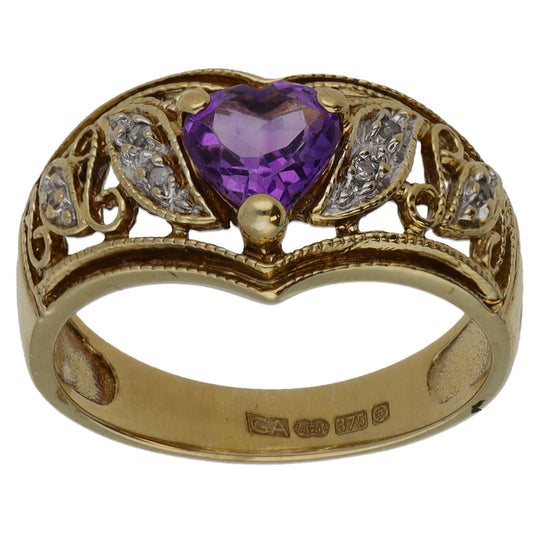 9ct Gold Amethyst & 0.03ct Diamond Dress/Cocktail Ring Size L