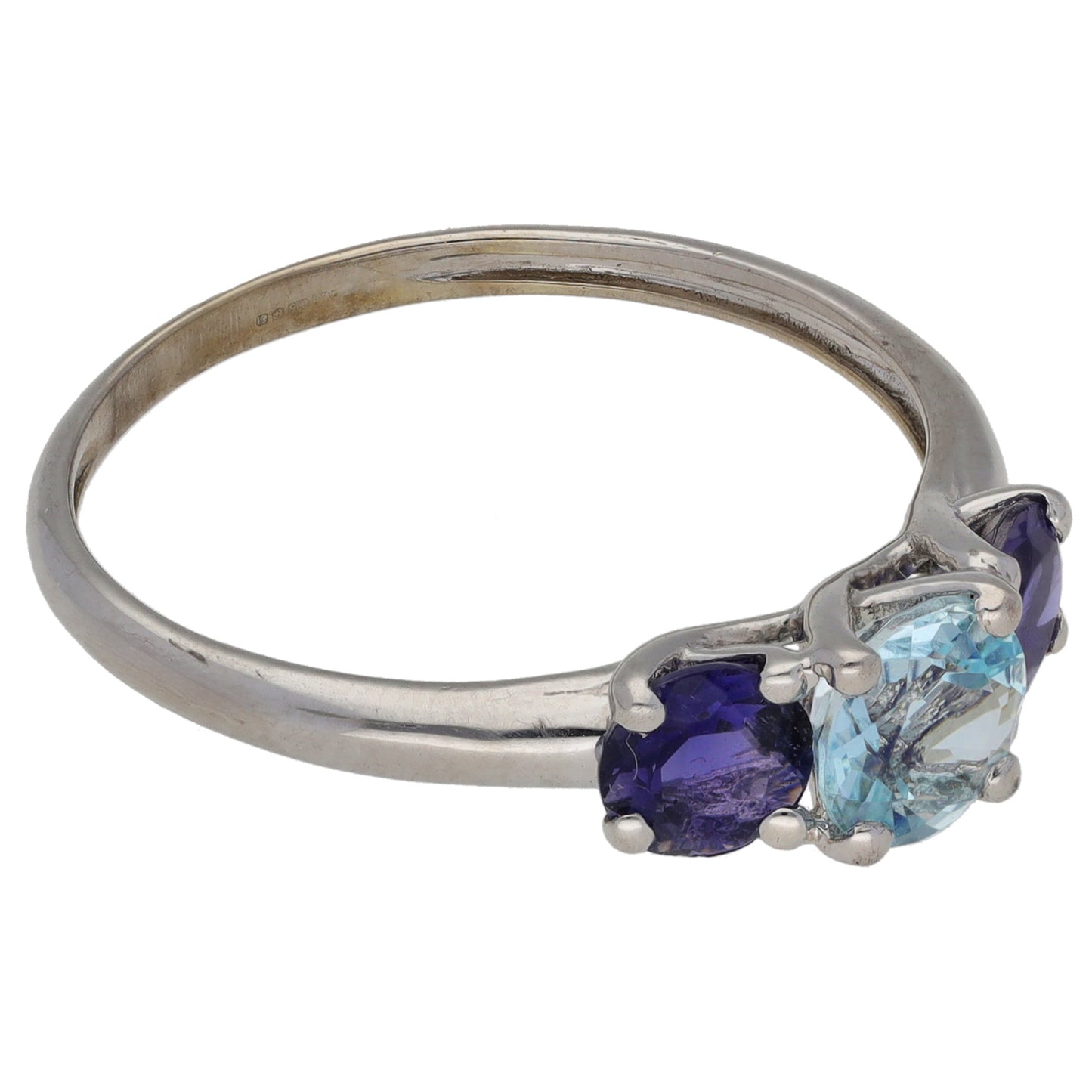 9ct White Gold Aquamarine & Iolite Trilogy Ring Size S