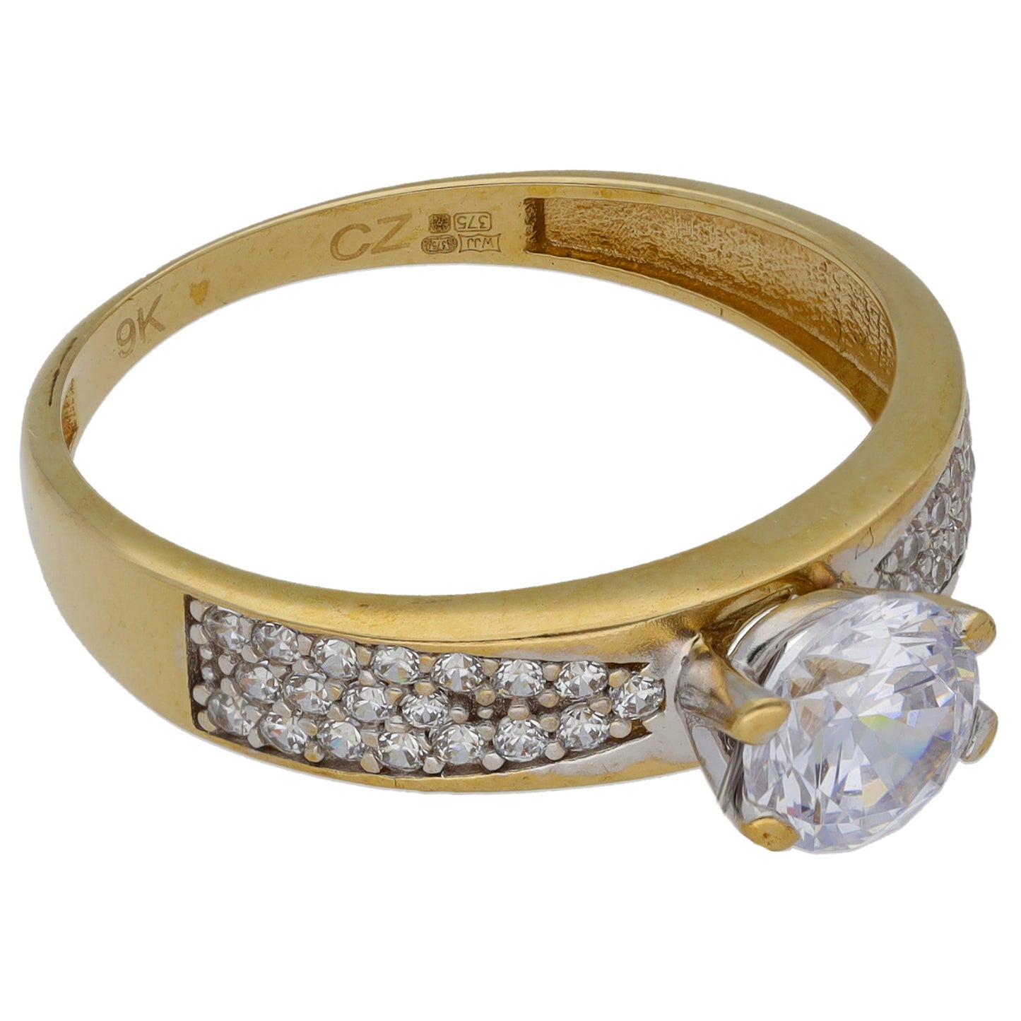 9ct Gold Cubic Zirconia Single Stone Ring with Accent Stones Size T