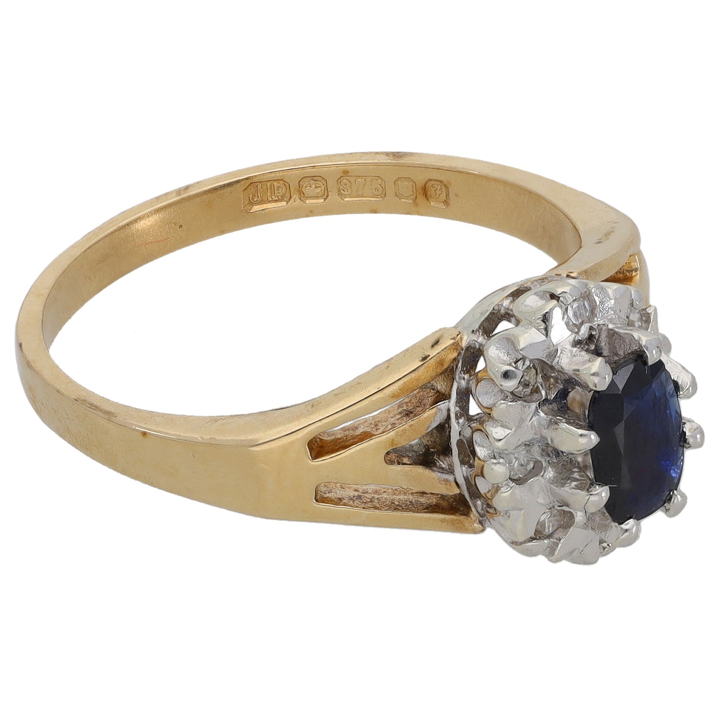 9ct Gold Sapphire & 0.08ct Diamond Cluster Ring Size N