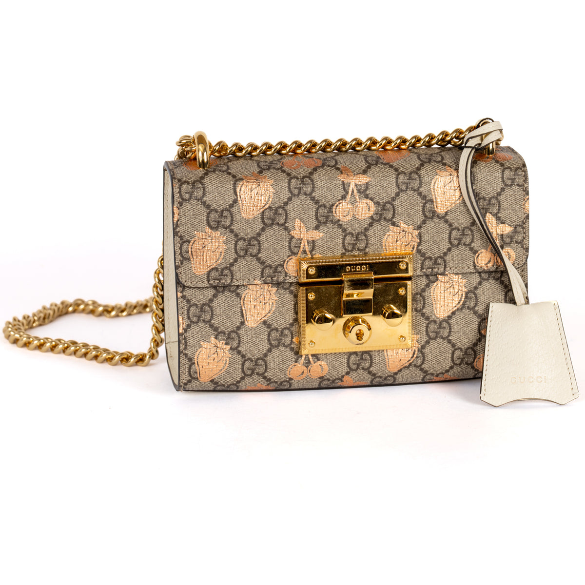 Gucci Small Padlock Berry Print GG Monogram Coated Canvas Crossbody Bag - Beige
