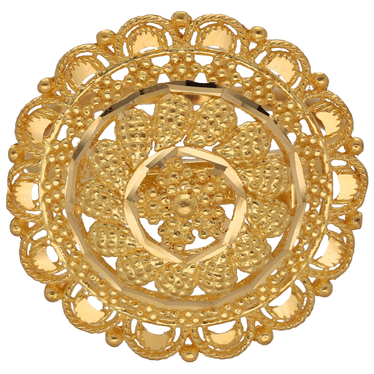 New 22ct Yellow Gold Patterned Circle Shield Ring Size R
