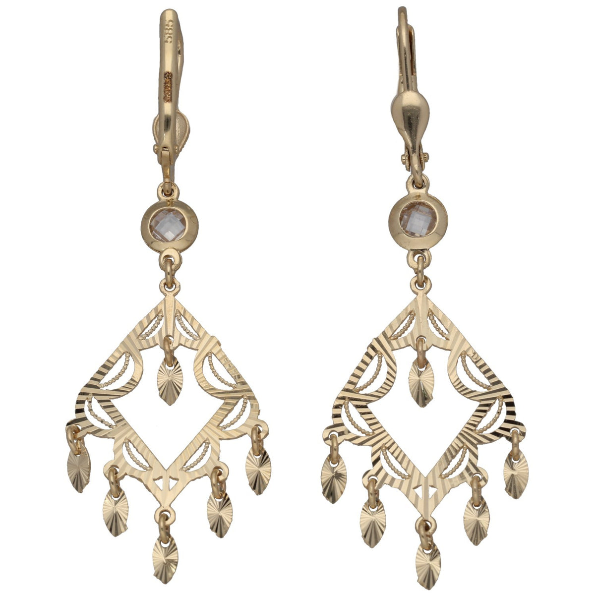 New 14ct Gold Cubic Zirconia Filigree Drop Earrings