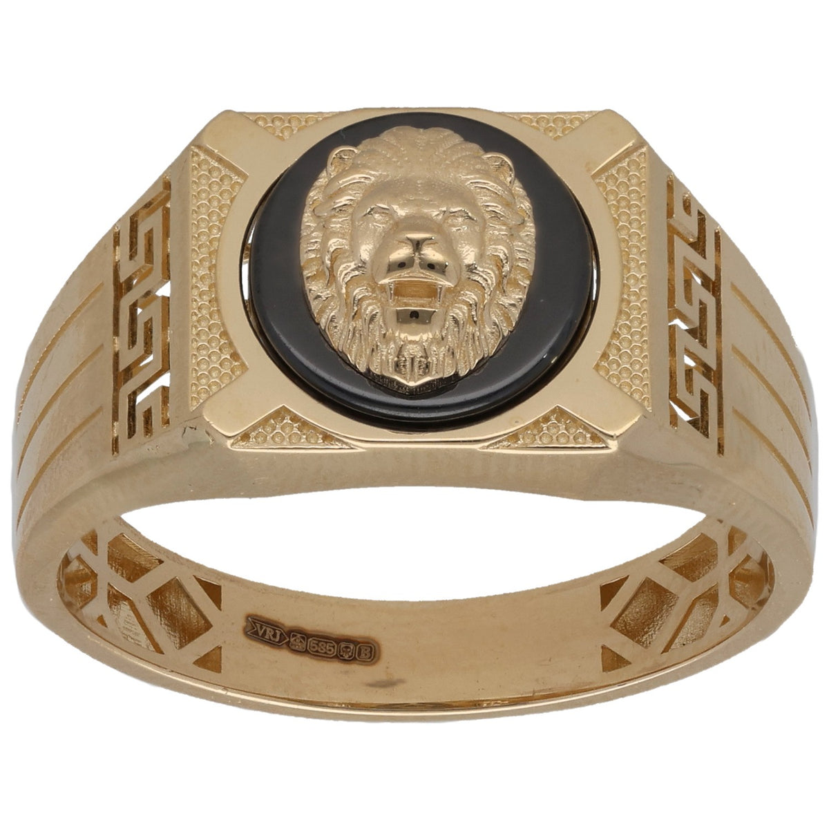 New 14ct Gold Lion Greek Key Black Ring Size X