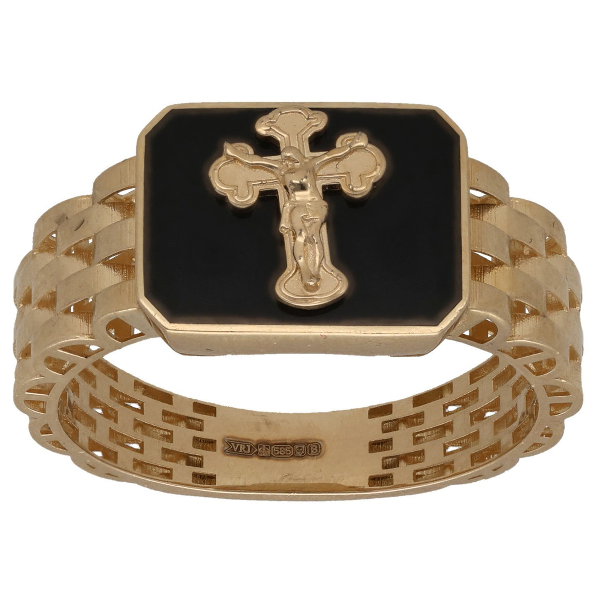 New 14ct Gold Black Crucifix Ring Size U