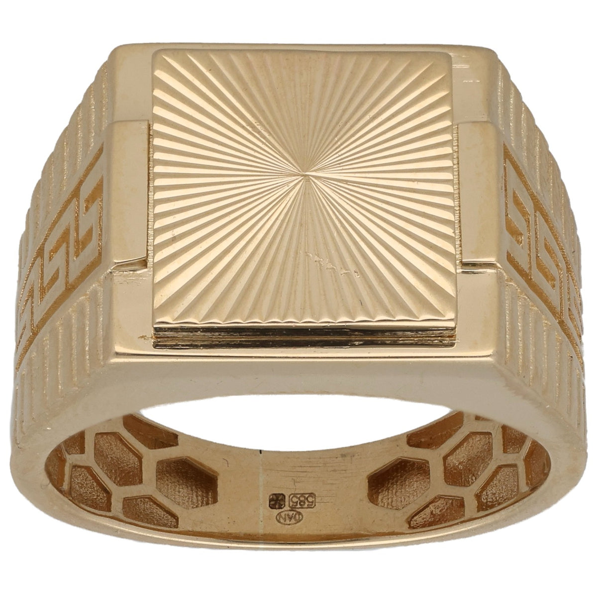 New 14ct Gold Starburst Greek Key Signet Ring Size U