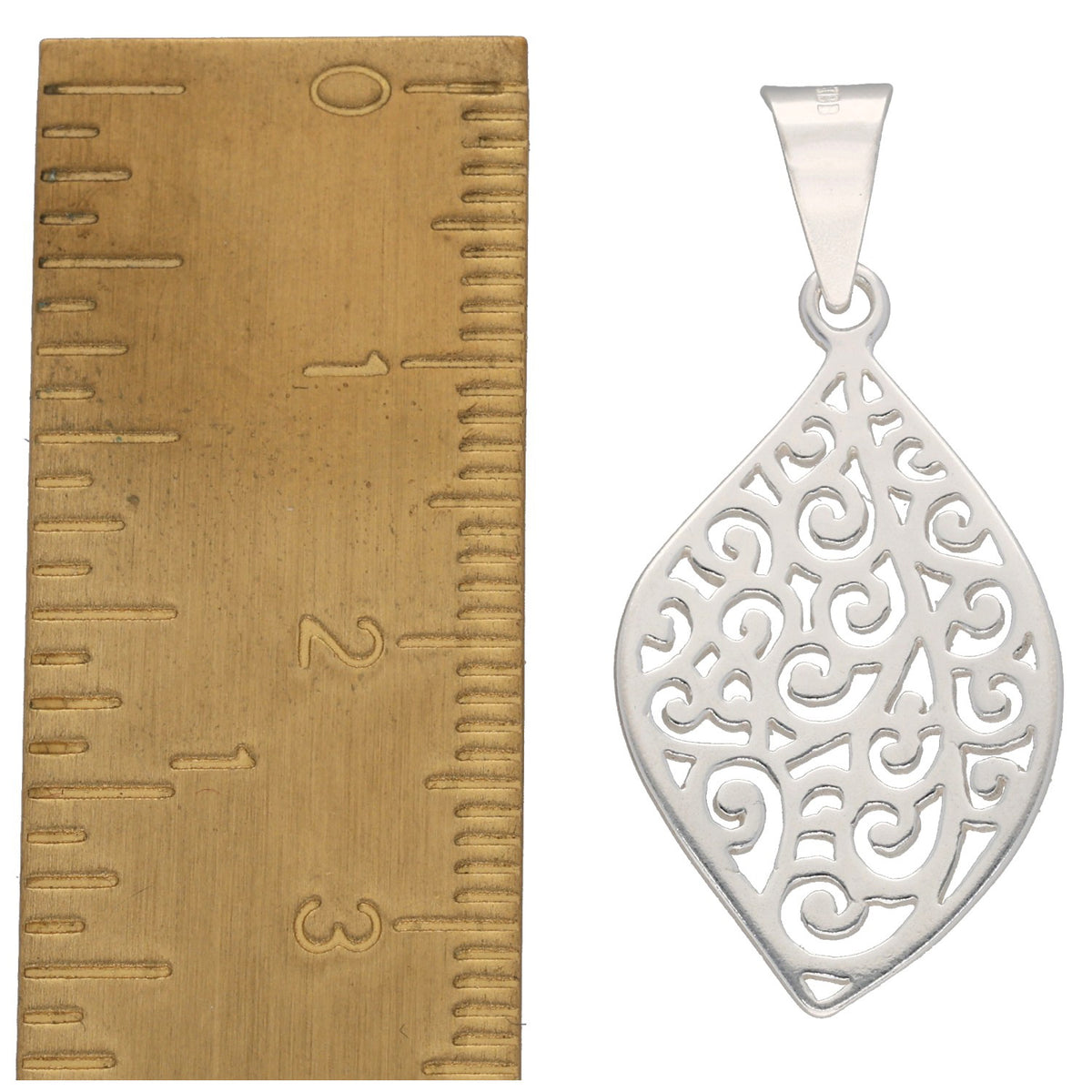 New Sterling Silver 33.5mm Curved Filigree Leaf Pendant