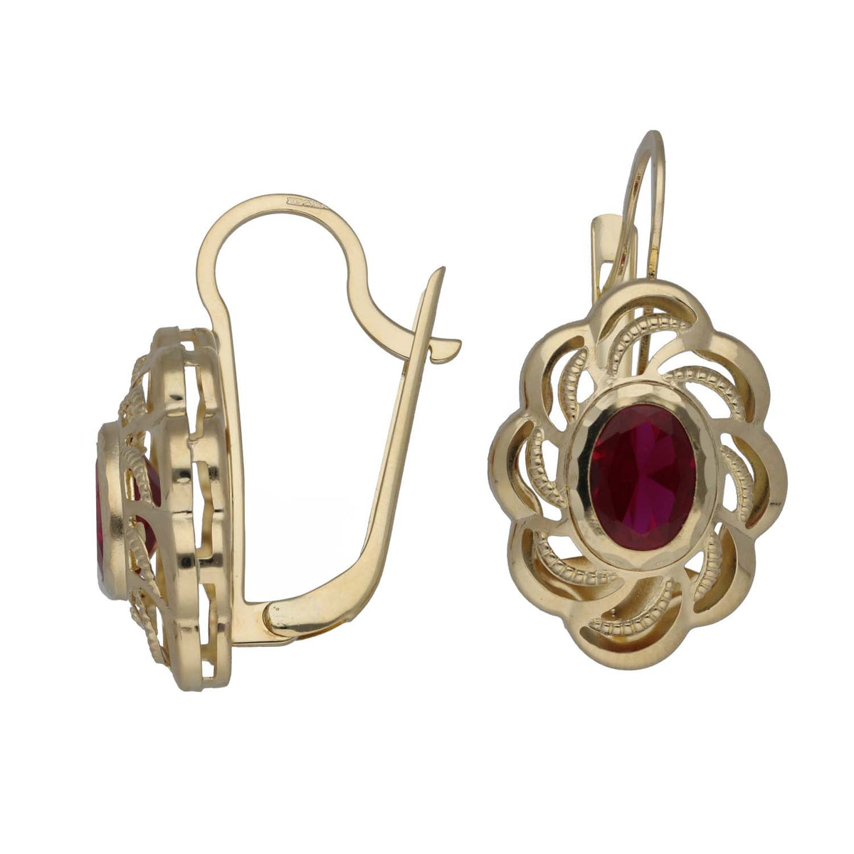 New 14ct Gold Red Stone Flower Drop Earrings
