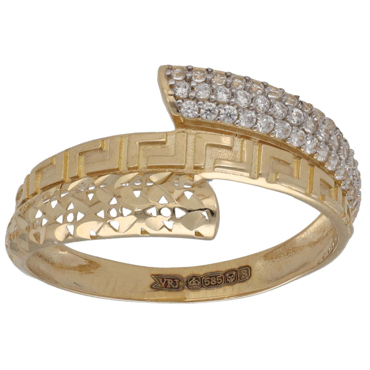 New 14ct Gold Cubic Zirconia Greek Key & Wrap Ring Size Q