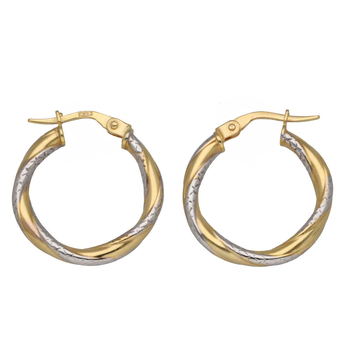 New 9ct Bi-Colour Gold 15mm Diamond Cut Twist Hoop Earrings