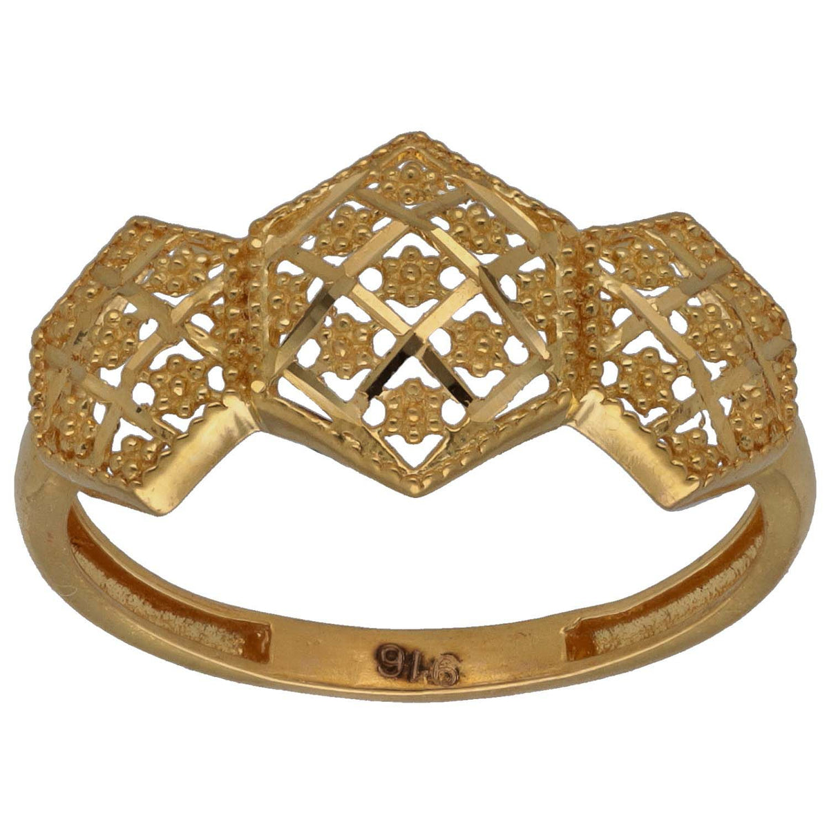 New 22ct Gold Three Hexagon Patterned Ring Size N