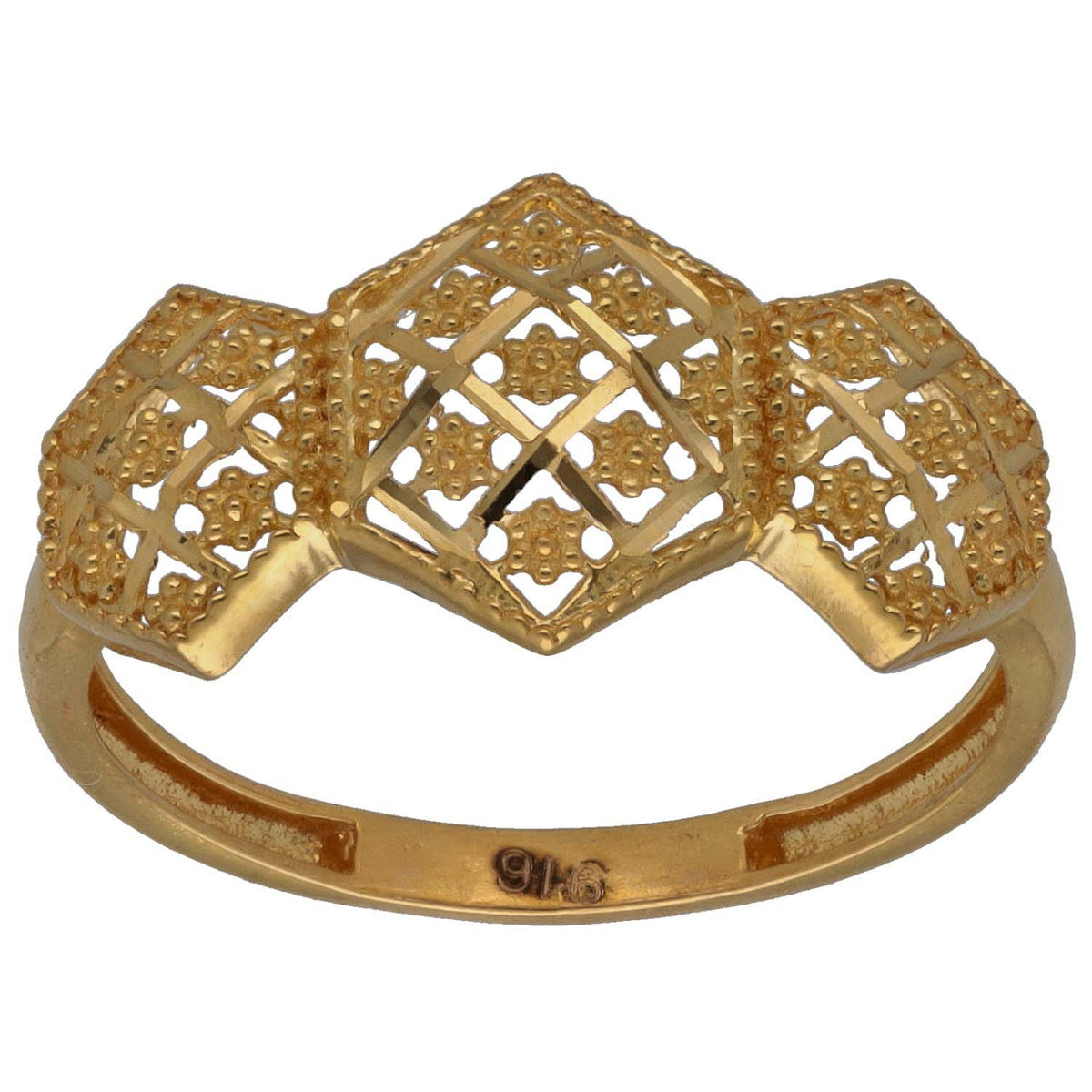 New 22ct Gold Three Hexagon Patterned Ring Size N