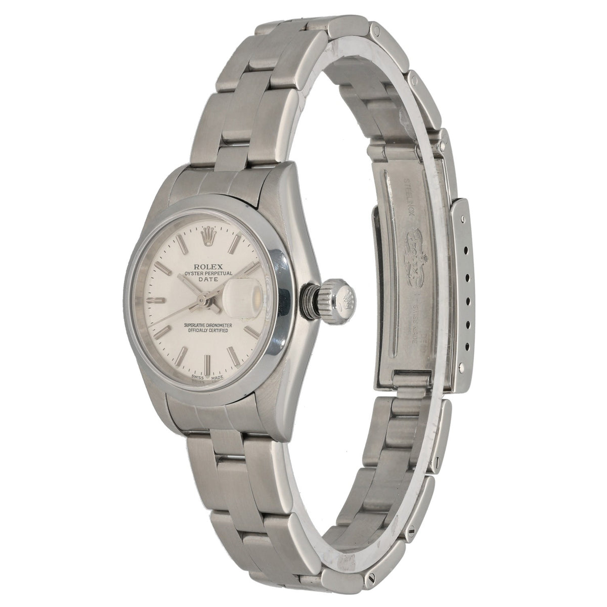 Rolex Oyster Perpetual 79160, silver dial with 26mm stainless steel case and bracelet, front angle