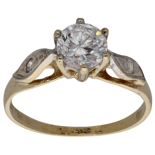 9ct Gold Cubic Zirconia Single Stone Ring with Accent Stones Size L