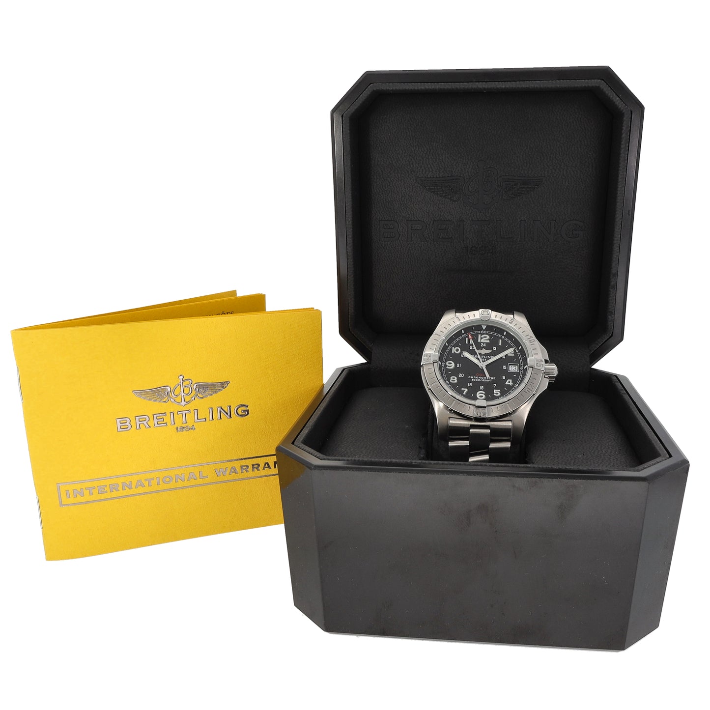 Breitling Colt A74380 Stainless steel wristwatch with black dial in a black presentation box.