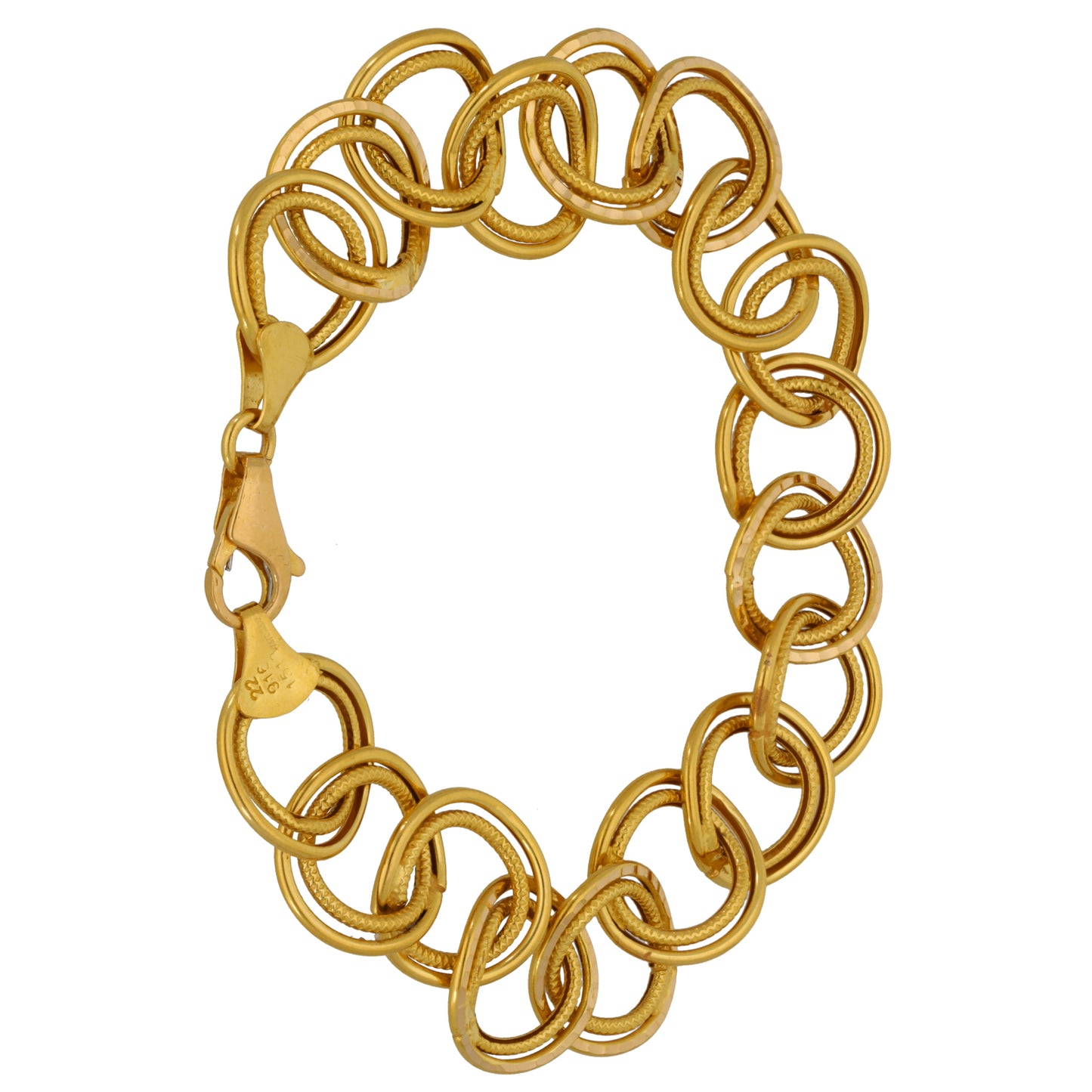 22ct Gold chain bracelet with alternating oval links and dangling heart-shaped end pieces