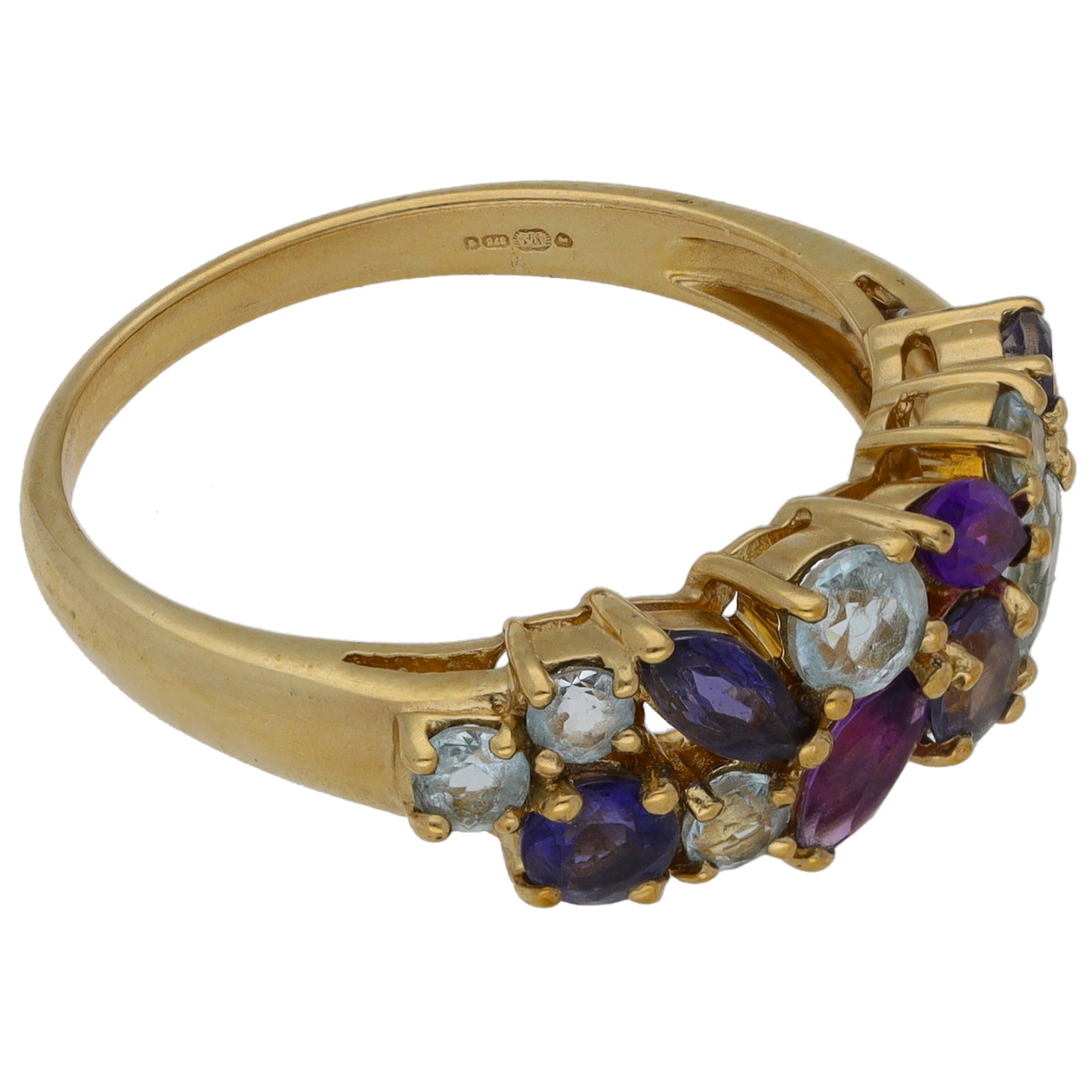 9ct Gold Amethyst, Iolite, Tanzanite & Topaz Half Eternity Ring Size Q