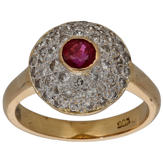 14ct Gold Ruby & 0.50ct Diamond Cluster Ring Size L