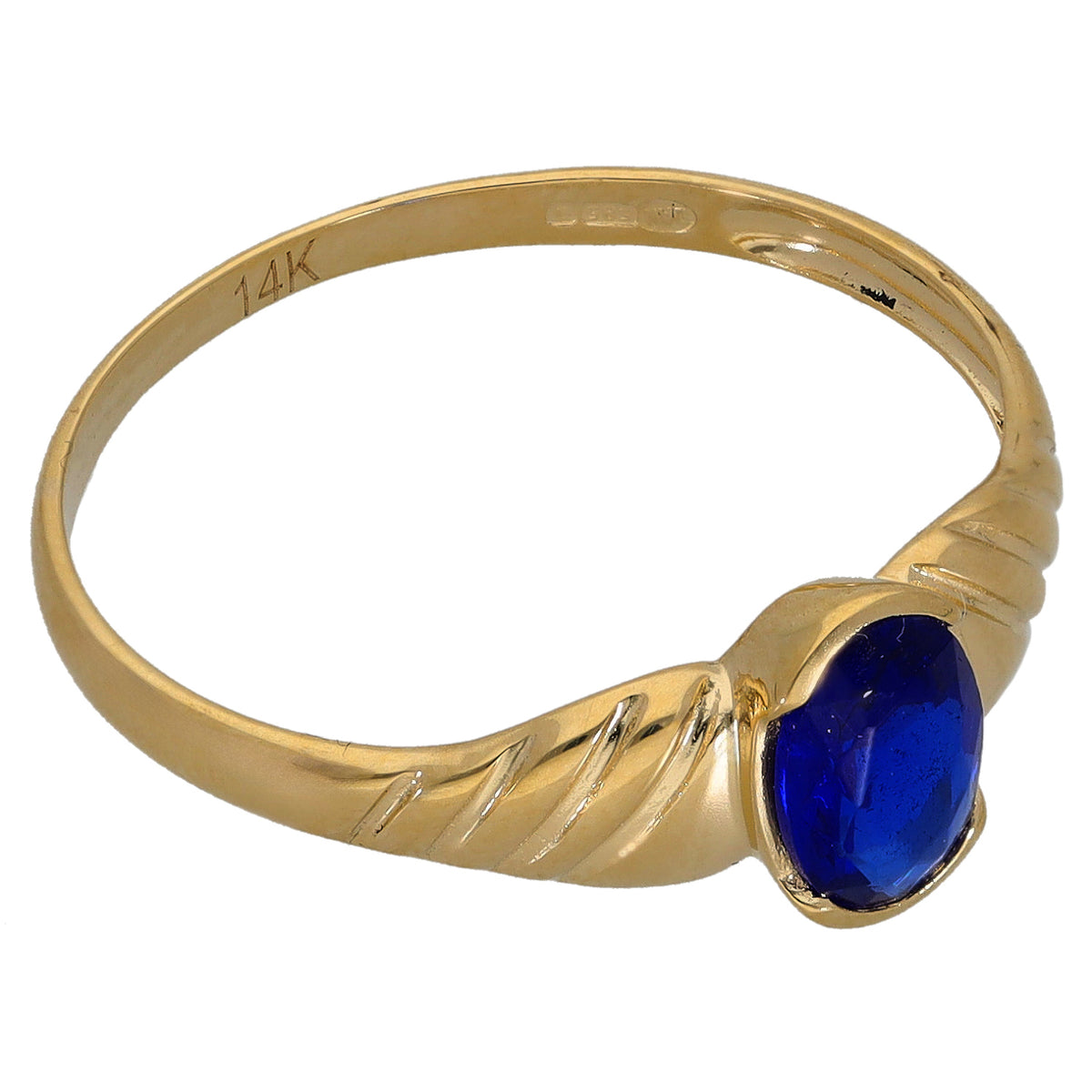 Gold-tone single-stone ring with blue oval gem and swirling band detail
