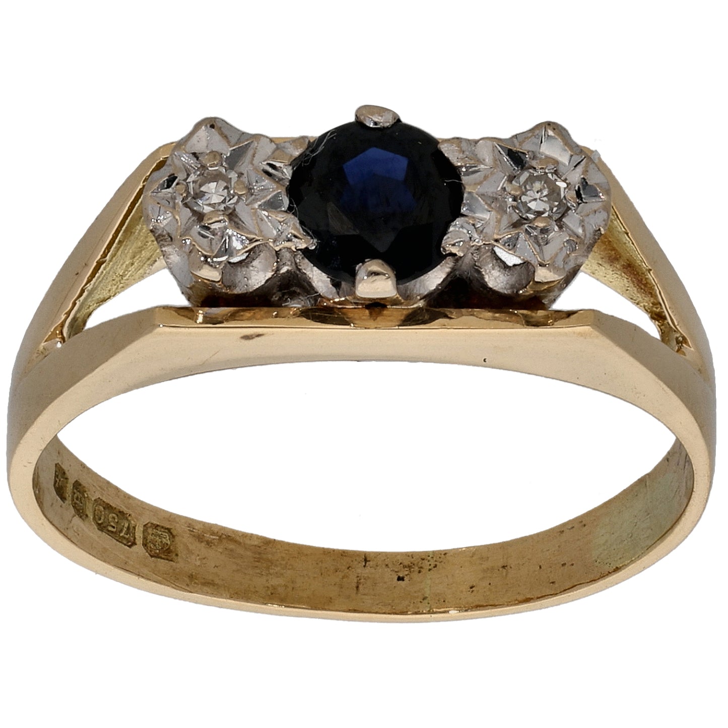 18ct Bicolour Gold Sapphire & 0.02ct Diamond Trilogy Ring Size N