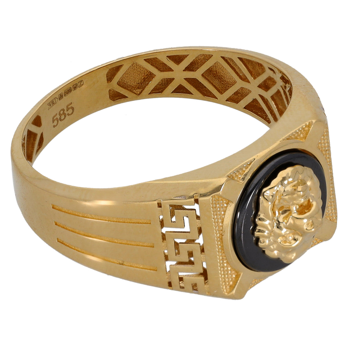 Gold signet ring with black oval inset and gold crest, side geometric etching pattern
