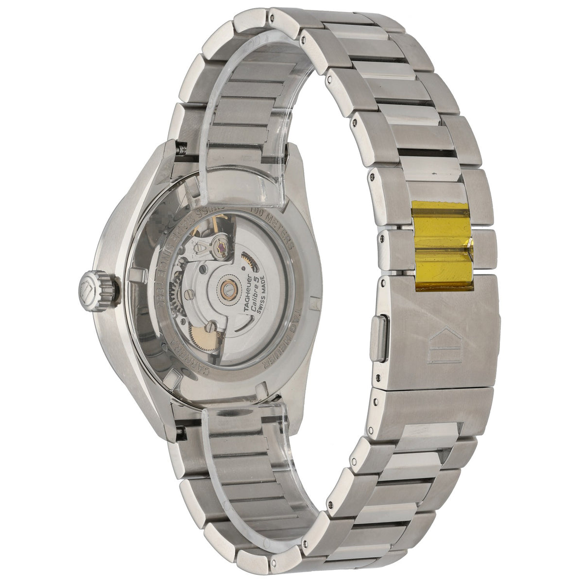 Tag Heuer Carrera WBN2012 stainless steel watch caseback view, metal link bracelet