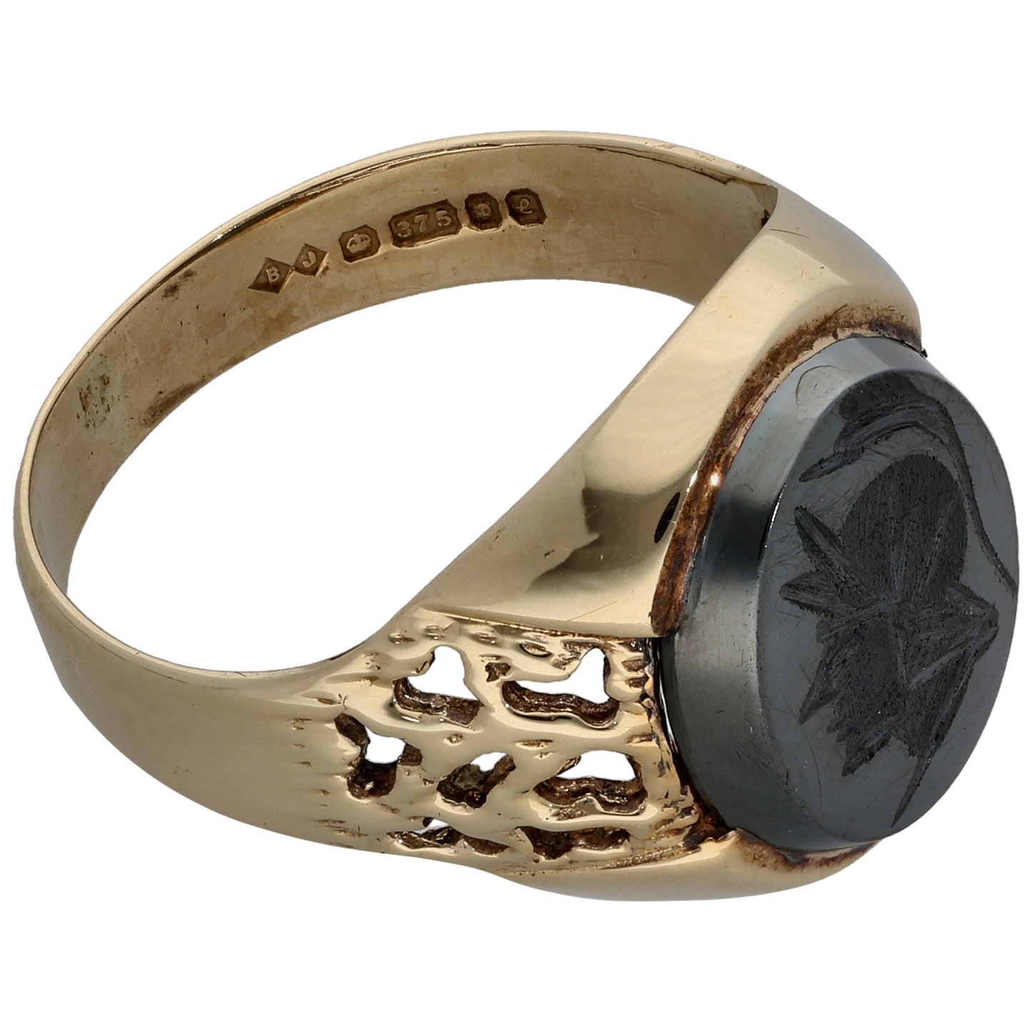 9ct Gold Hematite Crest/Emblem Signet Ring Size S