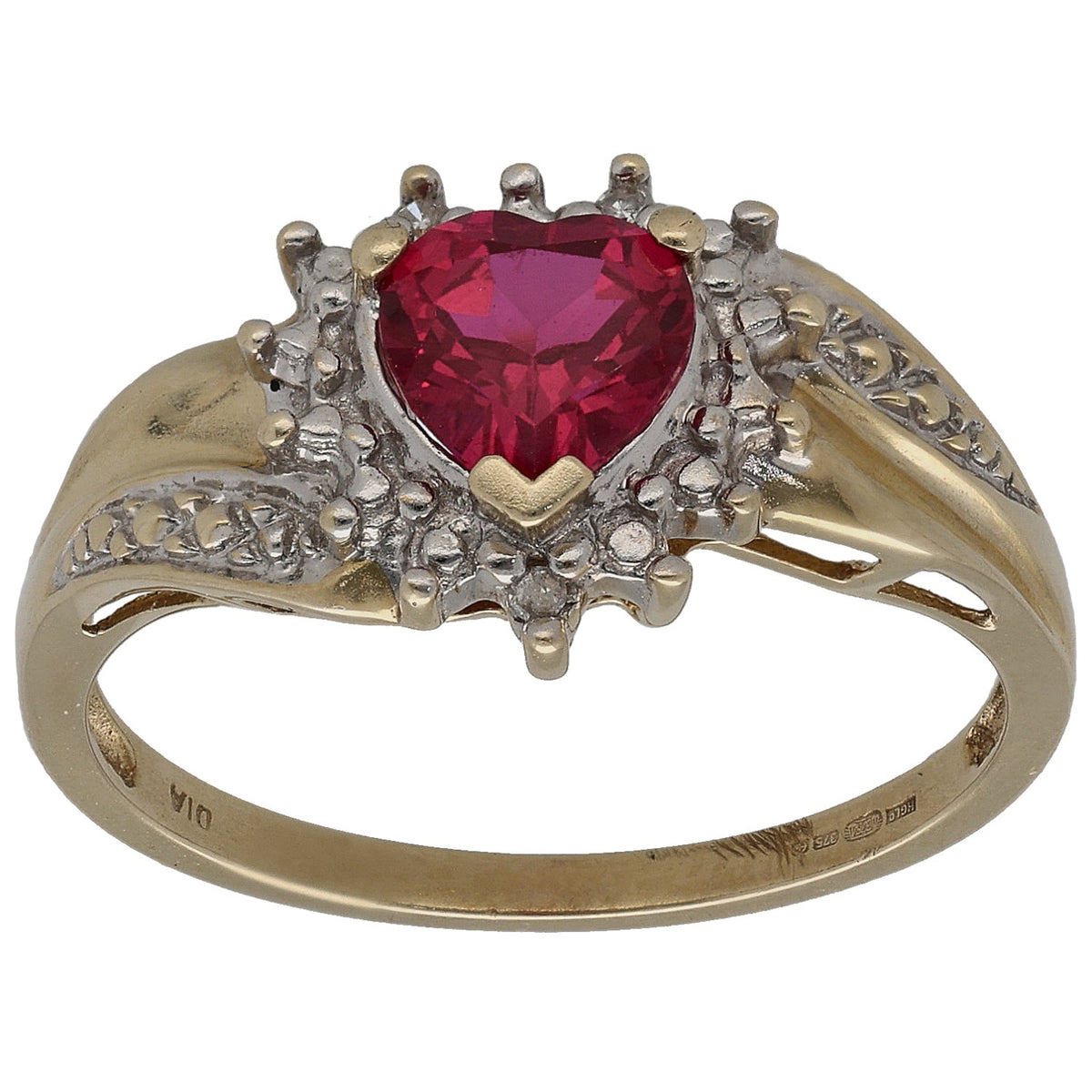 Gold ring with oval red ruby center, diamond halo and small accent stones