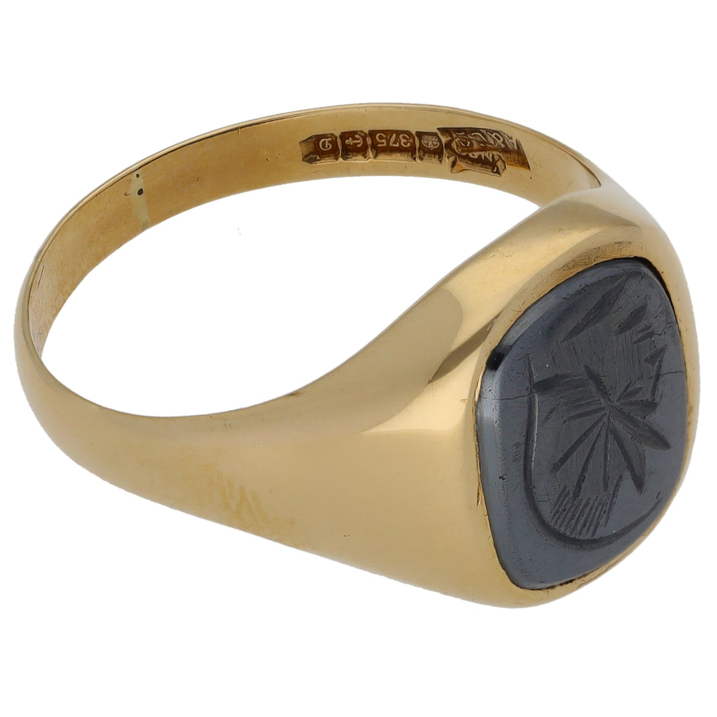 9ct Gold Hematite Patterned Signet Ring Size V