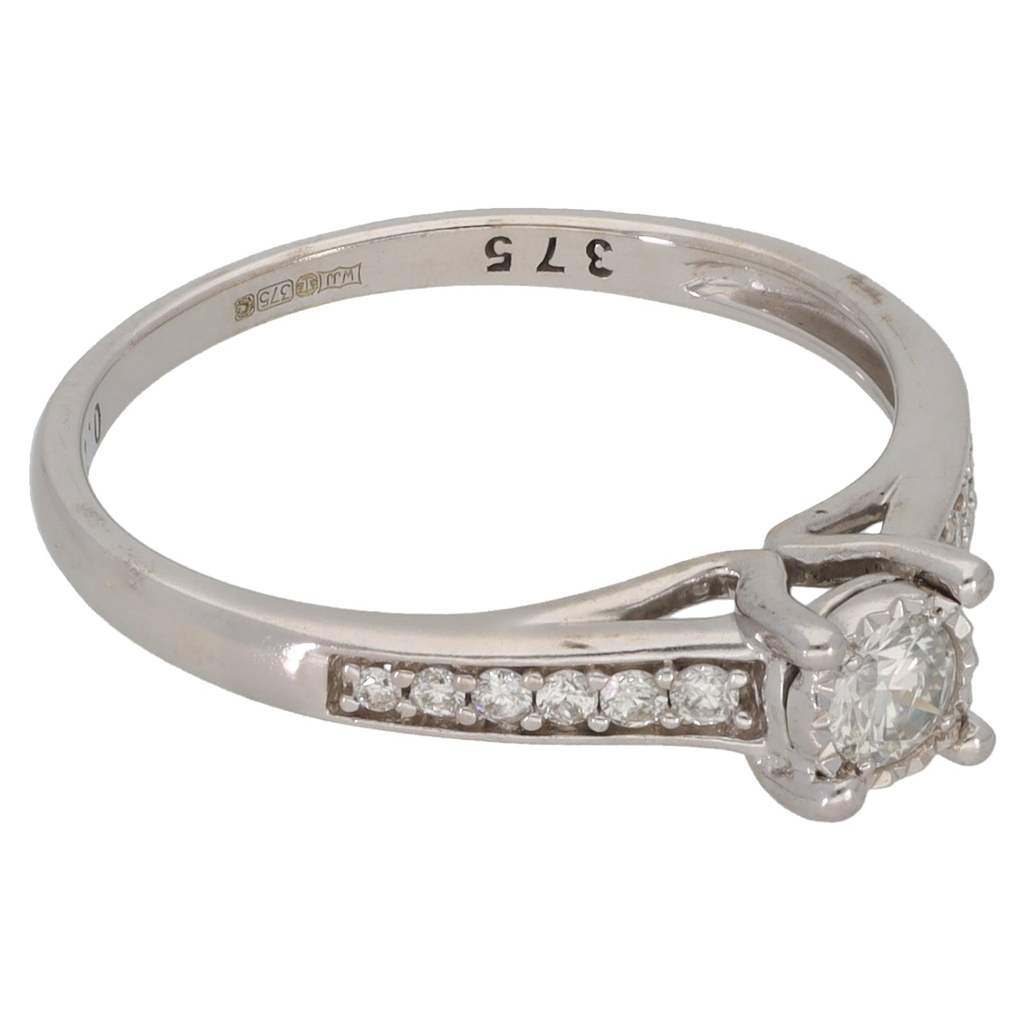 9ct White Gold 0.25ct Diamond Solitaire Ring With Accent Stones Size N
