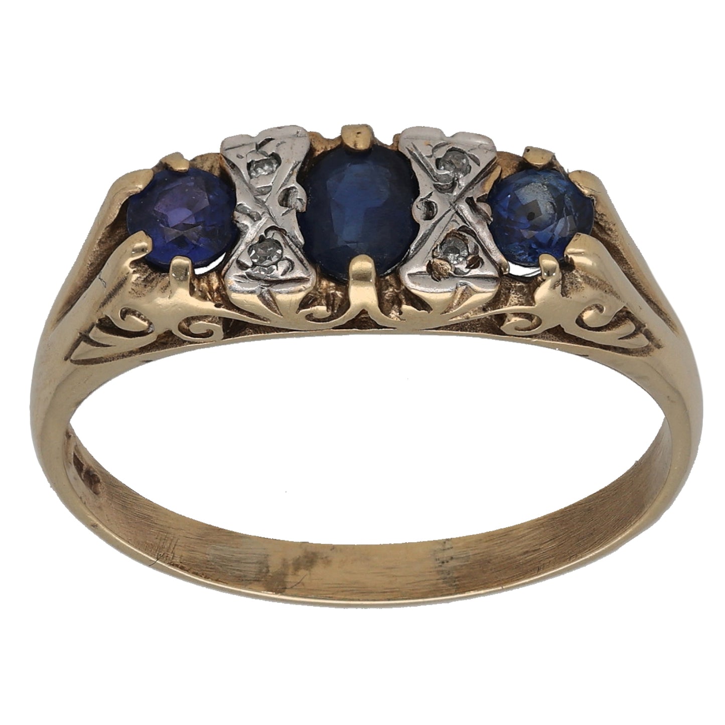 9ct Gold Sapphire & 0.02ct Diamond Trilogy Ring Size U
