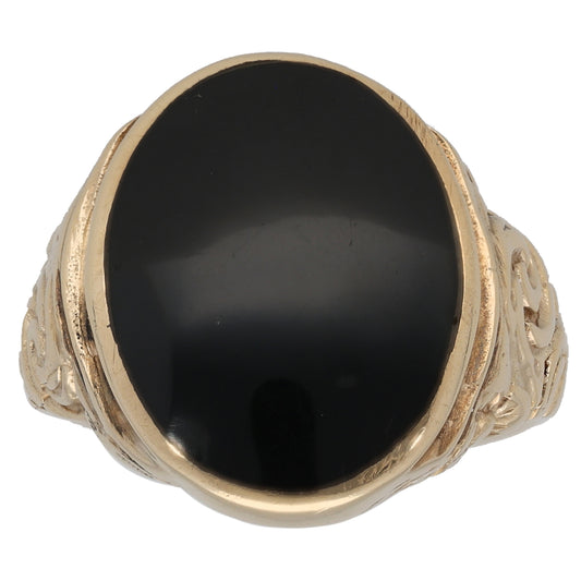 9ct Gold Onyx Patterned Signet Ring Size S