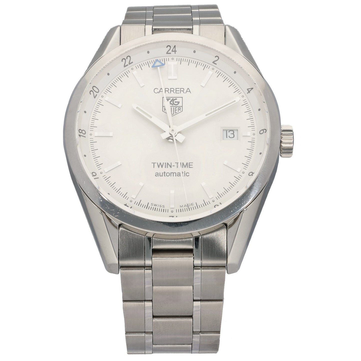 Stainless steel Tag Heuer Carrera WV2116-0 automatic wristwatch with white dial and metal bracelet