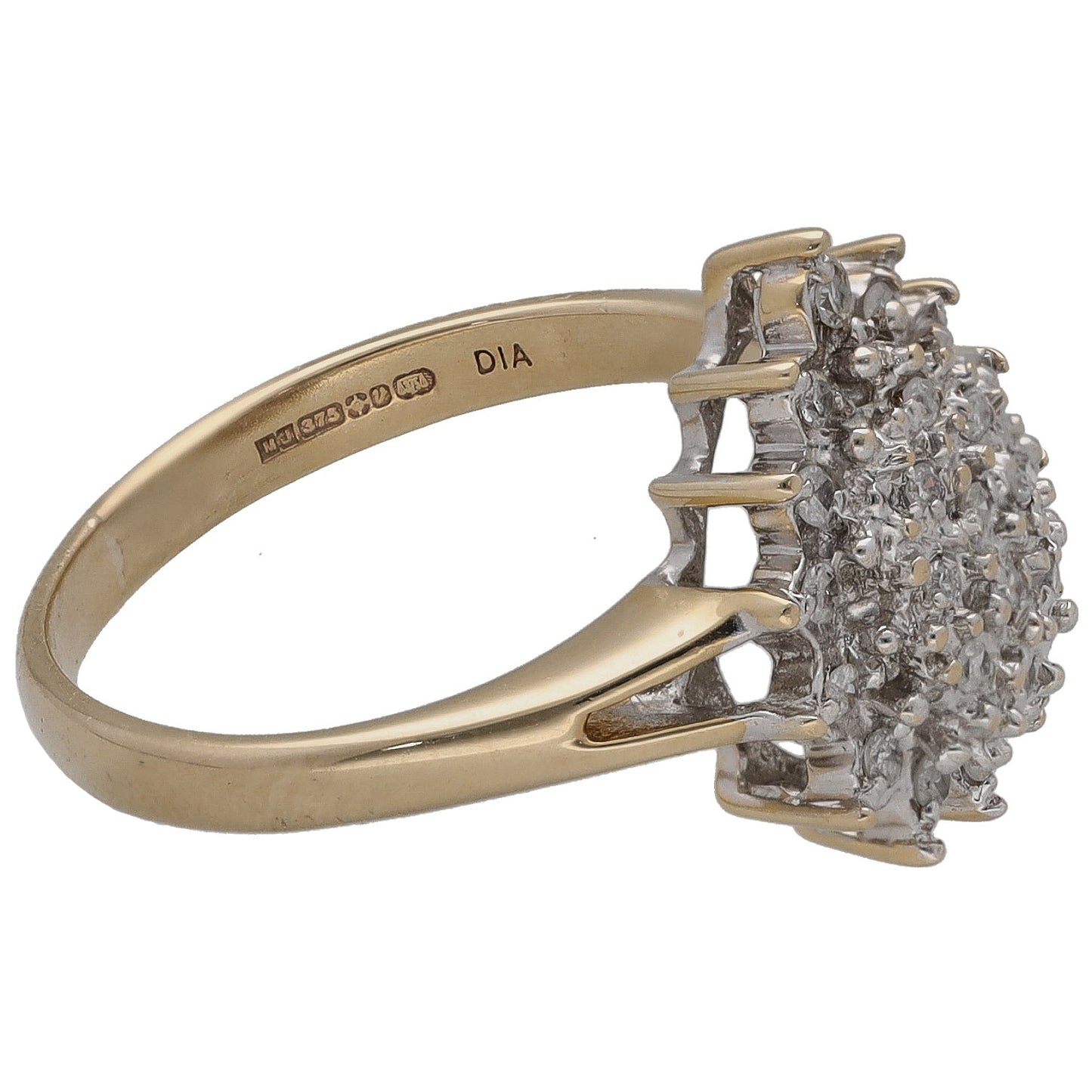 9ct gold ring with raised round diamond cluster setting, detailed side view, size L