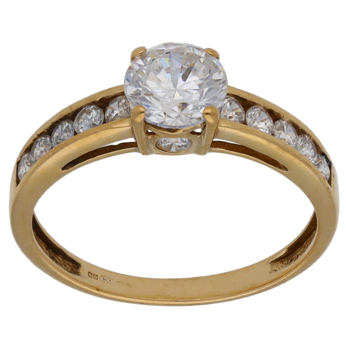 9ct Gold Cubic Zirconia Single Stone Ring with Accent Stones Size M